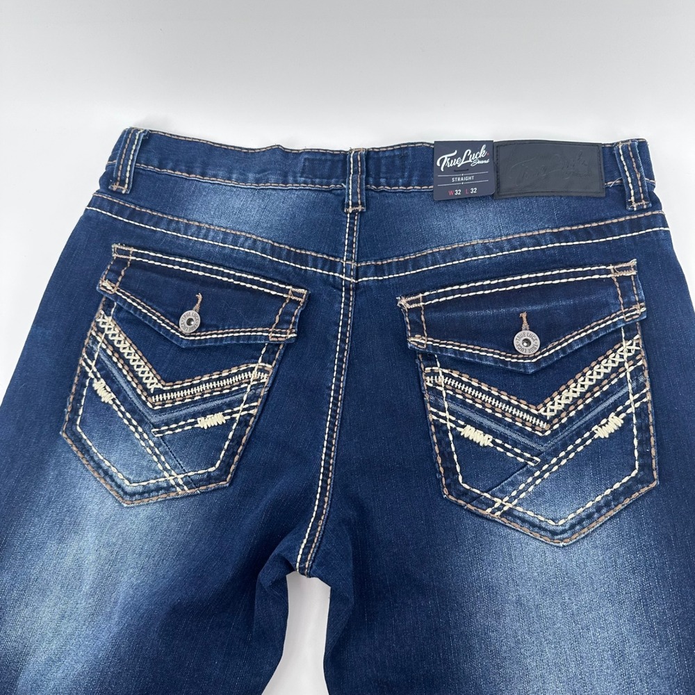 True Luck Jeans Men 32x32 Blue Straight Leg Dark Wash Contrast Stitch New